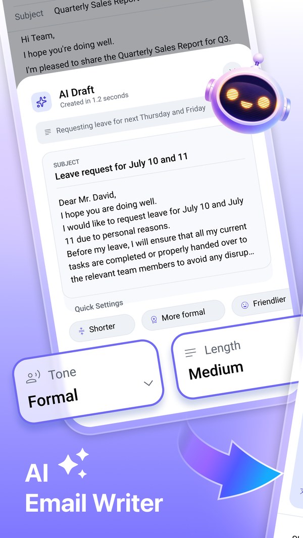 The AI email writer in Mailwren drafting a reply, with tone and length controls