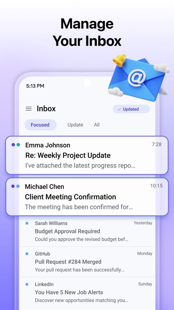 The Mailwren inbox on an Android phone, showing mail from the connected account