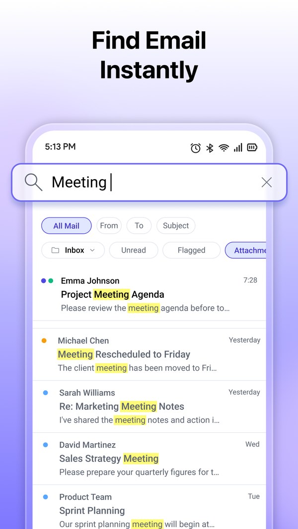 Mailwren search results for the word Meeting, with filters and highlighted matches